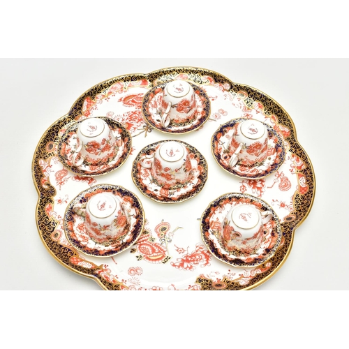 134 - A ROYAL CROWN DERBY IMARI 2469 (SCISSOR) PATTERN WAVY CIRCULAR CABARET TRAY AND SIX MATCHING COFFEE ... 