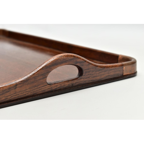 150 - AN EARLY 20TH CENTURY OAK TWIN HANDLED TRAY AND A VICTORIAN WALNUT WRITING SLOPE, the tray has four ... 