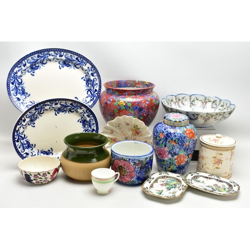 151 - A GROUP OF CERAMICS, to include two Wedgwood & Co Lily pattern blue and white meat plates, approxima... 