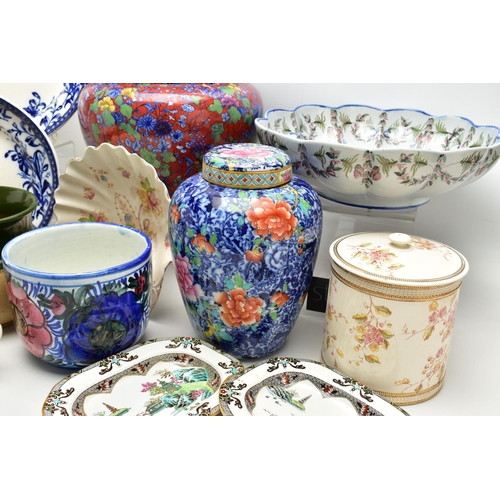 151 - A GROUP OF CERAMICS, to include two Wedgwood & Co Lily pattern blue and white meat plates, approxima... 