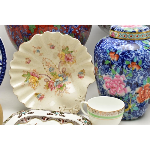 151 - A GROUP OF CERAMICS, to include two Wedgwood & Co Lily pattern blue and white meat plates, approxima... 