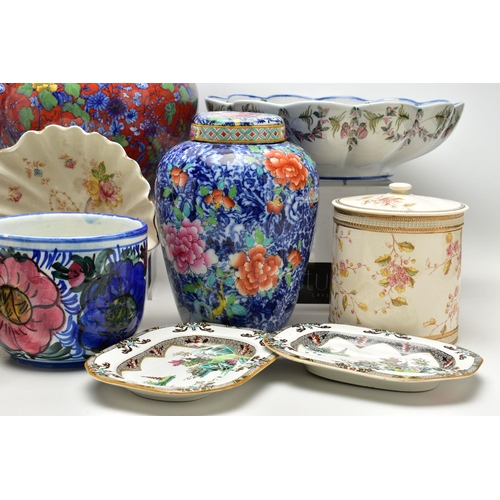 151 - A GROUP OF CERAMICS, to include two Wedgwood & Co Lily pattern blue and white meat plates, approxima... 