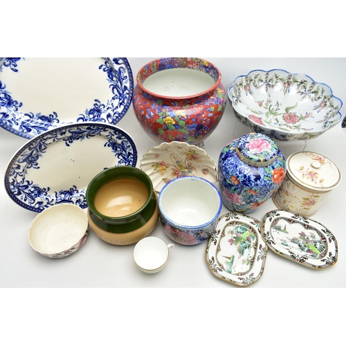 151 - A GROUP OF CERAMICS, to include two Wedgwood & Co Lily pattern blue and white meat plates, approxima... 