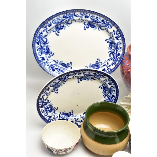 151 - A GROUP OF CERAMICS, to include two Wedgwood & Co Lily pattern blue and white meat plates, approxima... 