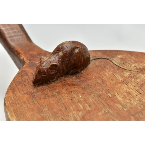 155 - A ROBERT 'MOUSEMAN' THOMPSON CARVED OAK CHEESEBOARD OF KIDNEY FORM, mouse signature carved to the ba... 