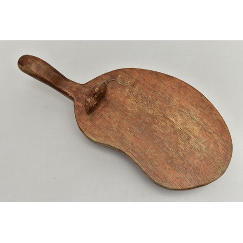 155 - A ROBERT 'MOUSEMAN' THOMPSON CARVED OAK CHEESEBOARD OF KIDNEY FORM, mouse signature carved to the ba... 