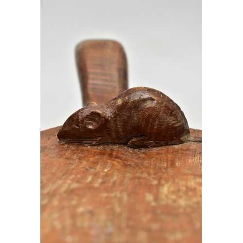 155 - A ROBERT 'MOUSEMAN' THOMPSON CARVED OAK CHEESEBOARD OF KIDNEY FORM, mouse signature carved to the ba... 