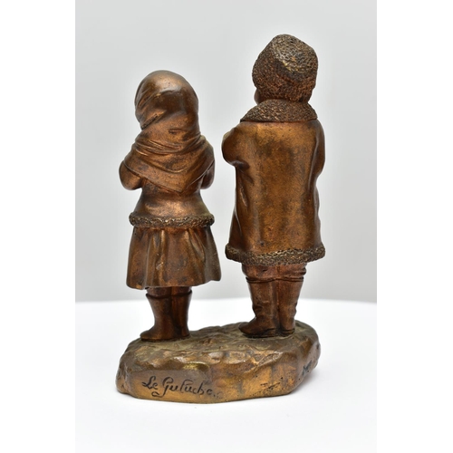 157 - AFTER JOSEPH LE GULUCHE (1849-1915), two gilt bronze figures of children standing on a rocky base, t... 