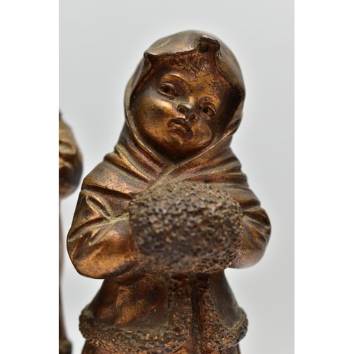 157 - AFTER JOSEPH LE GULUCHE (1849-1915), two gilt bronze figures of children standing on a rocky base, t... 