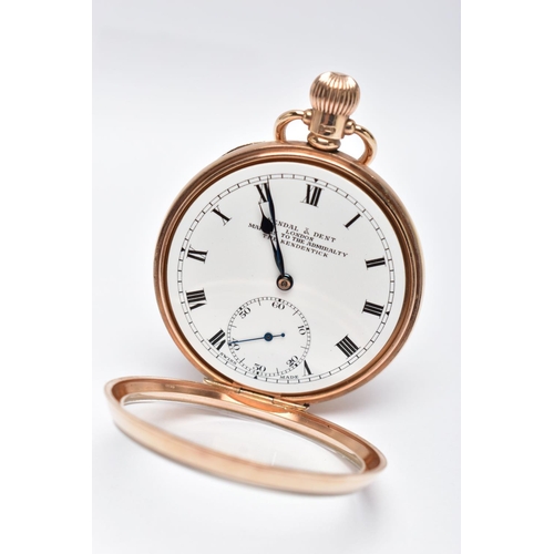 11 - AN EARLY 20TH CENTURY 9CT GOLD KEYLESS WIND KENDAL & DENT OPEN FACE POCKET WATCH TOGETHER WITH GLASS... 