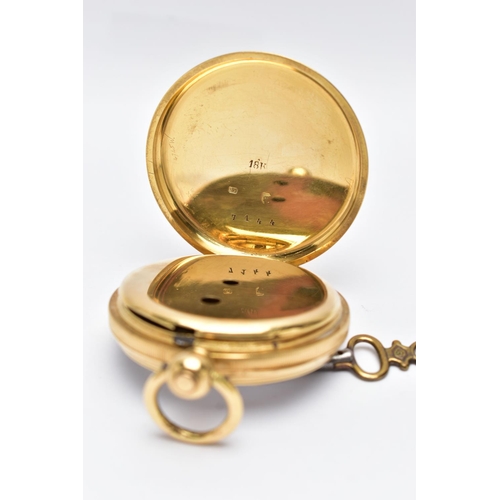 13 - A LATE 19TH CENTURY 18CT GOLD OPEN FACE KEY WOUND POCKET WATCH WITH KEY, engine turned case back wit... 