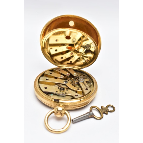 13 - A LATE 19TH CENTURY 18CT GOLD OPEN FACE KEY WOUND POCKET WATCH WITH KEY, engine turned case back wit... 