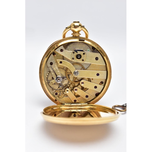 13 - A LATE 19TH CENTURY 18CT GOLD OPEN FACE KEY WOUND POCKET WATCH WITH KEY, engine turned case back wit... 