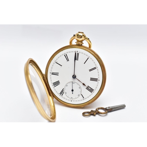 13 - A LATE 19TH CENTURY 18CT GOLD OPEN FACE KEY WOUND POCKET WATCH WITH KEY, engine turned case back wit... 