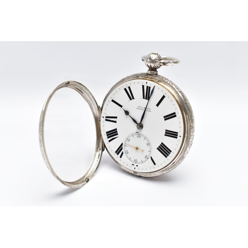 15 - A LATE VICTORIAN OPEN FACE KEY WOUND POCKET WATCH WITH WATCH KEY, the white enamel dial, with black ... 