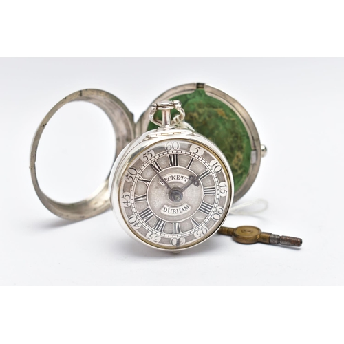 19 - A GEORGE II SILVER PAIR CASED VERGE POCKET WATCH BY 'THOMAS BECKETT', key wound, round champleve dia... 