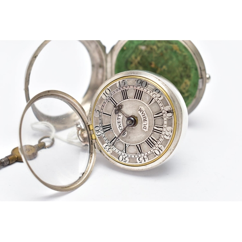 19 - A GEORGE II SILVER PAIR CASED VERGE POCKET WATCH BY 'THOMAS BECKETT', key wound, round champleve dia... 