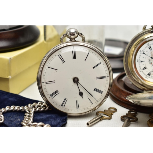 21 - A SILVER OPEN FACE POCKET WATCH AND ALBERT CHAIN WITH OTHER ITEMS, key wound, round white dial, Roma... 