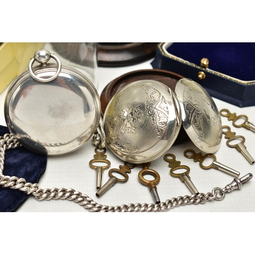 21 - A SILVER OPEN FACE POCKET WATCH AND ALBERT CHAIN WITH OTHER ITEMS, key wound, round white dial, Roma... 