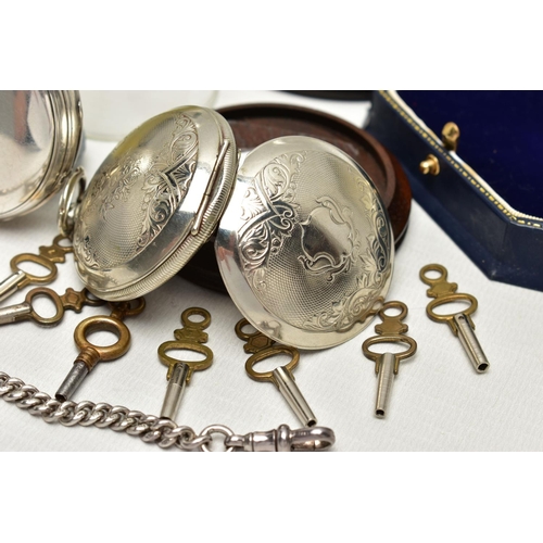 21 - A SILVER OPEN FACE POCKET WATCH AND ALBERT CHAIN WITH OTHER ITEMS, key wound, round white dial, Roma... 