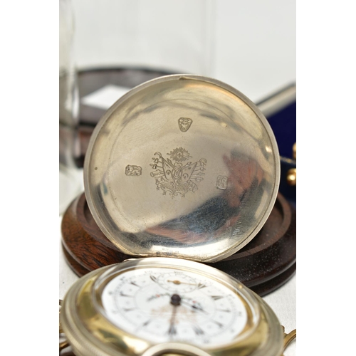 21 - A SILVER OPEN FACE POCKET WATCH AND ALBERT CHAIN WITH OTHER ITEMS, key wound, round white dial, Roma... 