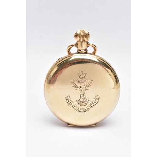 22 - AN EARLY 20TH CENTURY GOLD PLATED FULL HUNTER POCKET WATCH, the front engraved with the regimental b... 