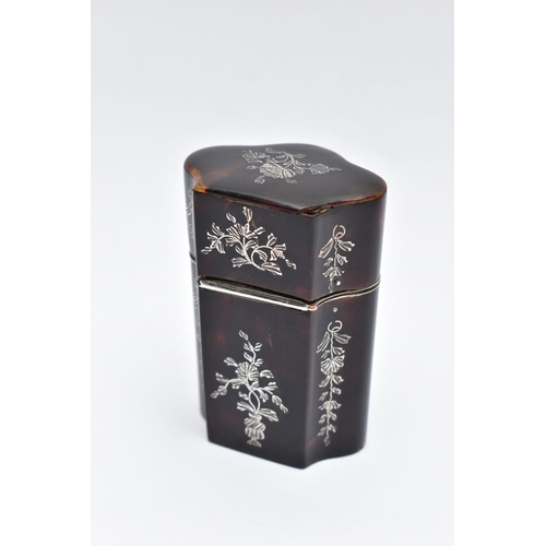 23 - A LATE 19TH CENTURY PIQUE TORTOISESHELL ETUI, the fitted case with foliate silver pique tortoiseshel... 