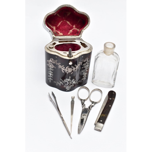 23 - A LATE 19TH CENTURY PIQUE TORTOISESHELL ETUI, the fitted case with foliate silver pique tortoiseshel... 