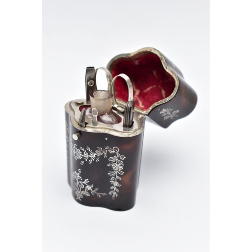 23 - A LATE 19TH CENTURY PIQUE TORTOISESHELL ETUI, the fitted case with foliate silver pique tortoiseshel... 