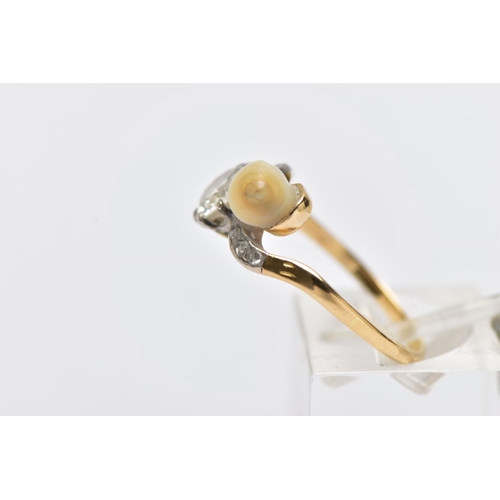 3 - AN EARLY 20TH CENTURY 18CT GOLD DIAMOND AND PEARL DRESS RING, of crossover design, set with an early... 