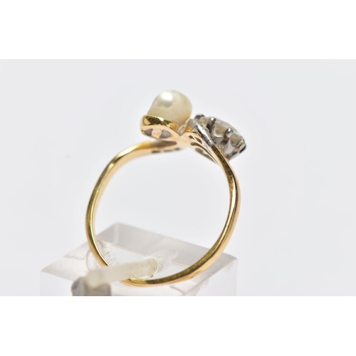 3 - AN EARLY 20TH CENTURY 18CT GOLD DIAMOND AND PEARL DRESS RING, of crossover design, set with an early... 