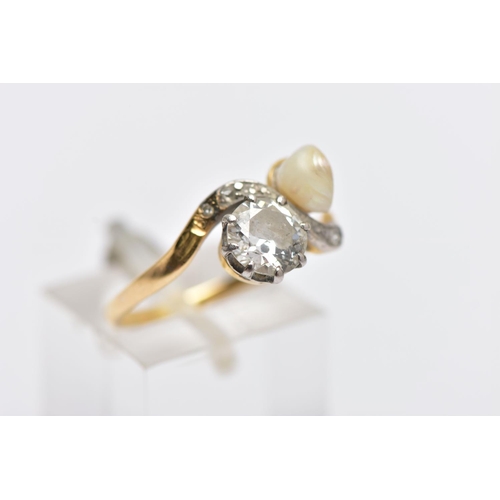 3 - AN EARLY 20TH CENTURY 18CT GOLD DIAMOND AND PEARL DRESS RING, of crossover design, set with an early... 