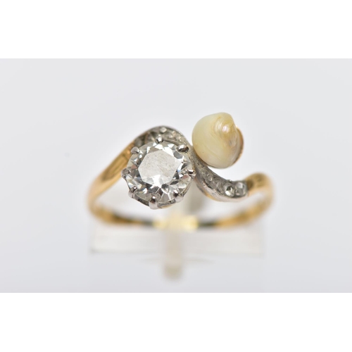 3 - AN EARLY 20TH CENTURY 18CT GOLD DIAMOND AND PEARL DRESS RING, of crossover design, set with an early... 