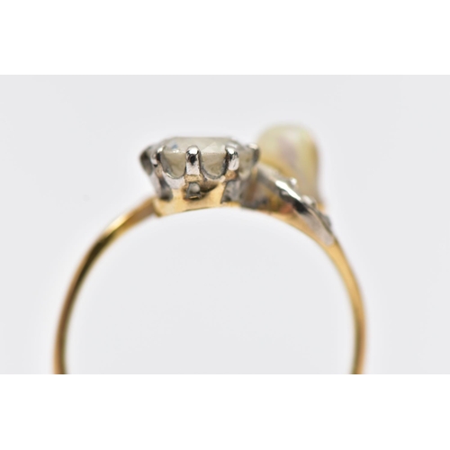 3 - AN EARLY 20TH CENTURY 18CT GOLD DIAMOND AND PEARL DRESS RING, of crossover design, set with an early... 