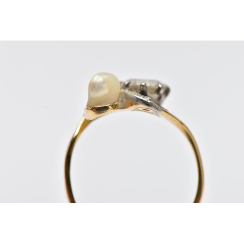 3 - AN EARLY 20TH CENTURY 18CT GOLD DIAMOND AND PEARL DRESS RING, of crossover design, set with an early... 