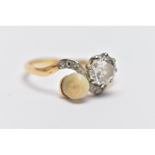 3 - AN EARLY 20TH CENTURY 18CT GOLD DIAMOND AND PEARL DRESS RING, of crossover design, set with an early... 