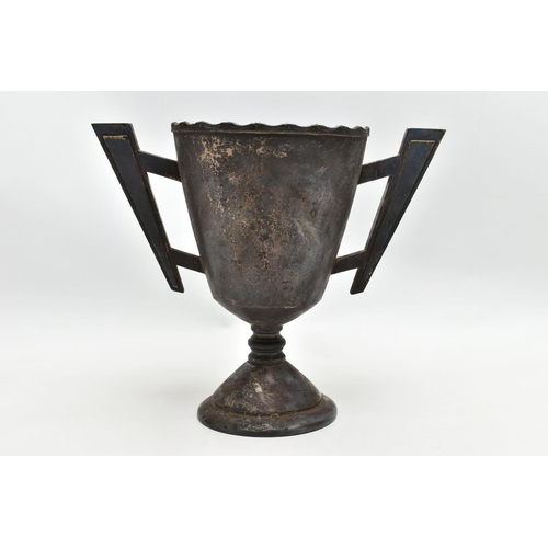 44 - A GEORGE V SILVER TWIN HANDLED TROPHY CUP, wavy rim over a conical body with angular handles, the bo... 