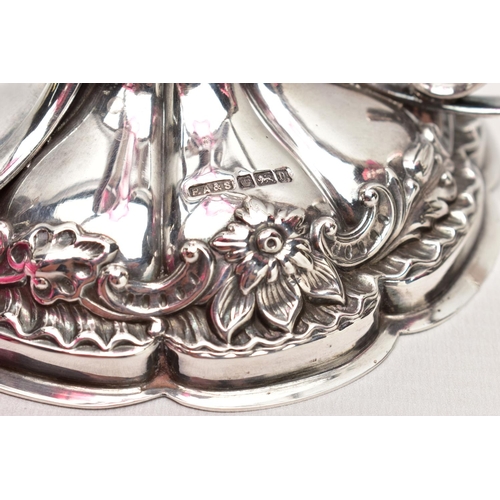 49 - A GEORGE V SILVER EPERGNE FRAME, the scrolled supports to take a central trumpet and three to the si... 