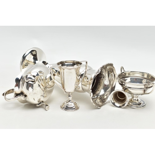 51 - A SMALL PARCEL OF SILVER VASES, ETC, comprising a George V small circular twin handled trophy cup, m... 