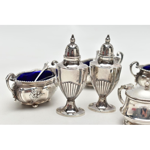 52 - A PARCEL OF LATE VICTORIAN AND 20TH CENTURY SILVER CRUET ITEMS, comprising a set of four late Victor... 