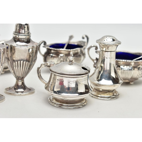 52 - A PARCEL OF LATE VICTORIAN AND 20TH CENTURY SILVER CRUET ITEMS, comprising a set of four late Victor... 