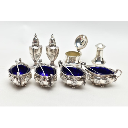 52 - A PARCEL OF LATE VICTORIAN AND 20TH CENTURY SILVER CRUET ITEMS, comprising a set of four late Victor... 