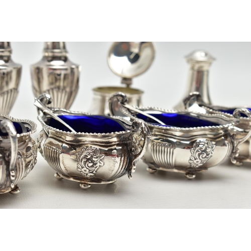 52 - A PARCEL OF LATE VICTORIAN AND 20TH CENTURY SILVER CRUET ITEMS, comprising a set of four late Victor... 