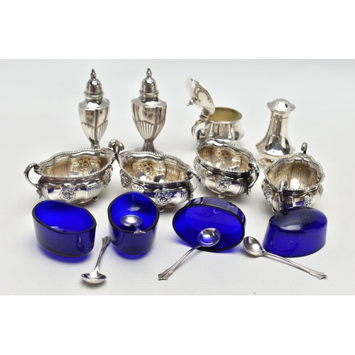 52 - A PARCEL OF LATE VICTORIAN AND 20TH CENTURY SILVER CRUET ITEMS, comprising a set of four late Victor... 