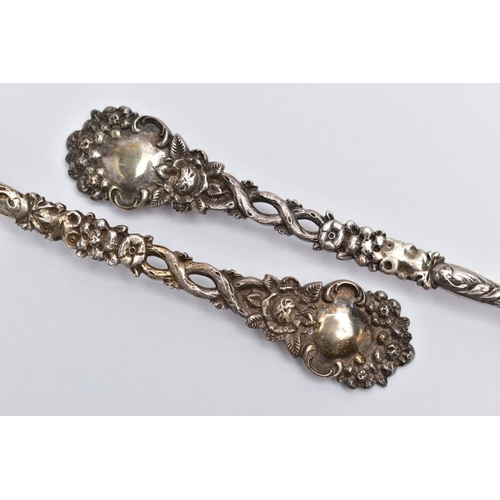 56 - A PAIR OF LATE VICTORIAN SILVER SERVING SPOONS, each with a shell shape bowl, floral and foliate dec... 