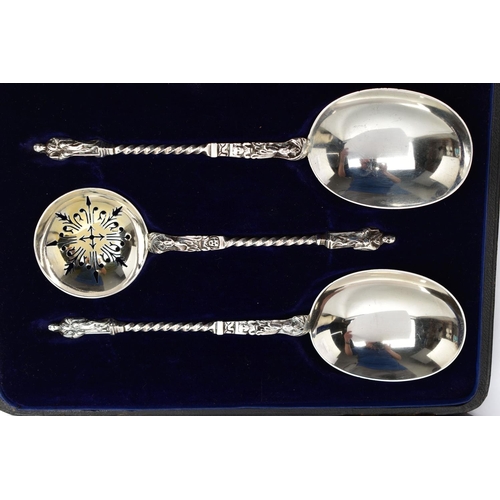 59 - A CASED SILVER SERVING SET, three silver apostle spoons to include one sifter spoon and two serving ... 