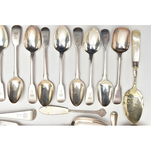 60 - A COLLECTION OF 19TH AND 20TH CENTURY SILVER FLATWARE, mostly Fiddle pattern, a number of pieces wit... 