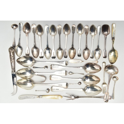 60 - A COLLECTION OF 19TH AND 20TH CENTURY SILVER FLATWARE, mostly Fiddle pattern, a number of pieces wit... 