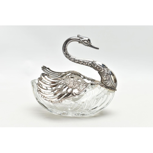 61 - A LATE 20TH CENTURY CUT GLASS AND SILVER SWAN TRINKET BOX, repousse decoration to the head and neck,... 