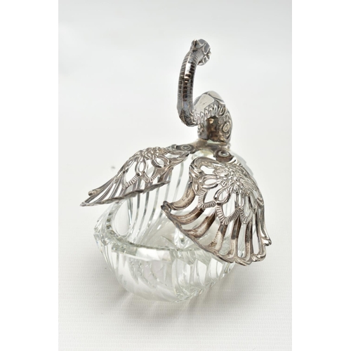 61 - A LATE 20TH CENTURY CUT GLASS AND SILVER SWAN TRINKET BOX, repousse decoration to the head and neck,... 